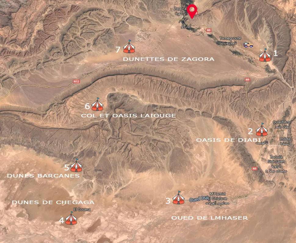 Itinéraire du trek Désert dans la vallée du Drâa.